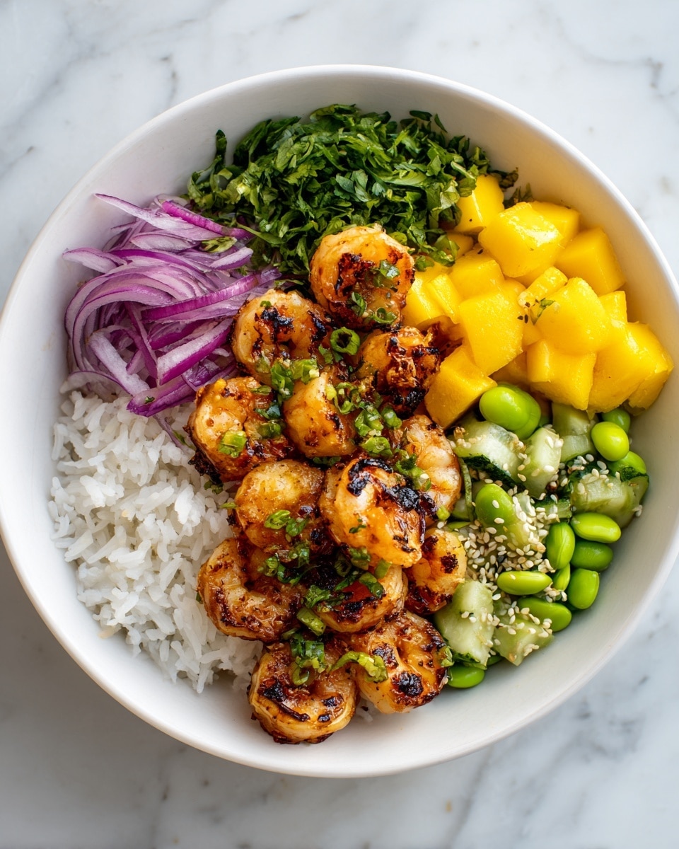 A white bowl is filled with several neat sections: at the bottom left is a layer of soft white rice, topped with bright green chopped cilantro. Next to the rice, on the right side, there are fresh green cucumber pieces mixed with green edamame beans, sprinkled lightly with sesame seeds. Above that, on the far right, is a pile of yellow mango cubes with small seasoning bits. In the center, there is a cluster of golden-brown grilled shrimp with a slight char and fresh green herb garnish. On the left, thin rings of purple-red onion add a fresh look. The bowl sits on a white marbled surface. photo taken with an iphone --ar 4:5 --v 7