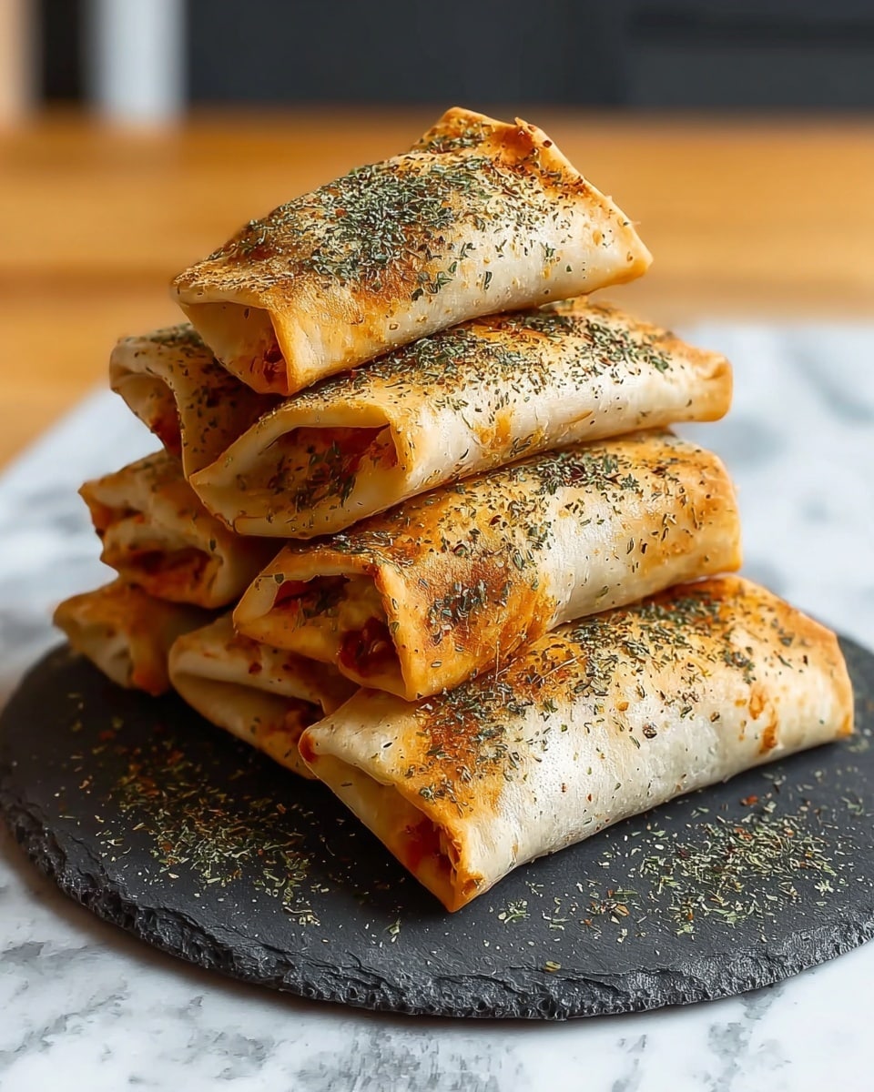 A stack of six golden-brown baked wraps sits on a round black slate plate placed on a white marbled surface. The wraps are arranged in a 3-2-1 pyramid shape, each one slightly rectangular with crispy edges and sprinkled generously with dried green herbs on top. The top wrap shows hints of a reddish filling peeking through the folded ends, creating a warm and inviting texture. The wraps' surfaces have a lightly toasted charm with small browned patches and a slightly rough texture from the herb coating. photo taken with an iphone --ar 4:5 --v 7