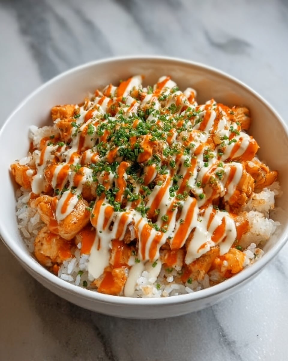 The image shows a white bowl filled with a layered dish, starting with a base of plain white rice at the bottom. On top of the rice, there is a layer of small, orange-colored pieces that look soft and cooked, likely a protein or vegetable. The dish is topped with a drizzle of creamy white sauce and bright orange sauce, spread unevenly across the top. The final detail is a sprinkling of finely chopped green herbs scattered all over. The bowl sits on a white marbled surface. Photo taken with an iphone --ar 4:5 --v 7