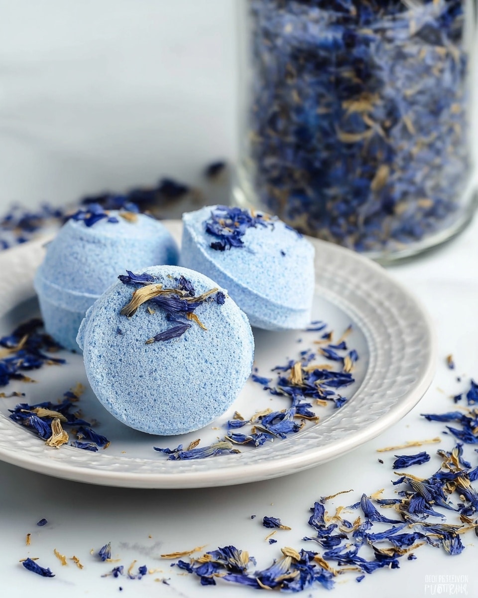 The image shows three round, light blue bath bombs with a fine grainy texture placed on a large white plate with a subtle pattern. Each bath bomb is topped with scattered dried dark blue and light beige flower petals, and additional petals are sprinkled around them on the plate. In the background, there is a clear glass jar filled with more of the dried dark blue flower petals, adding depth to the image. The setting is on a white marbled surface, making the blue tones stand out clearly. photo taken with an iphone --ar 4:5 --v 7