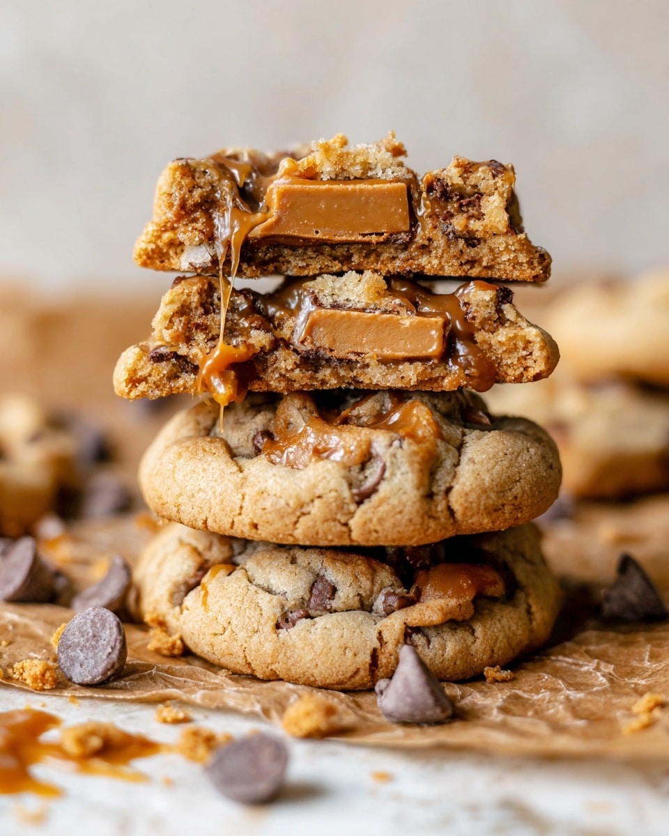 A stack of three soft, thick cookies rests on crumpled brown parchment paper over a white marbled surface. The bottom two cookies are whole with a golden-brown color, studded with melted chocolate chips, and drizzled lightly with caramel sauce that glistens. The top cookie is broken in half, showing its moist, crumbly inside filled with chocolate chips and gooey caramel, with a rectangular cookie partially inserted into the top cookie at an angle. Scattered chocolate chips and cookie crumbs surround the stack, adding texture and depth to the scene. photo taken with an iphone --ar 4:5 --v 7