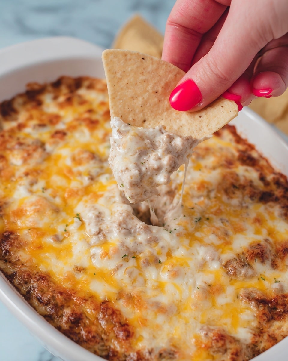 A close-up view of a white dish filled with a creamy, cheesy dip that has a mix of light brown, beige, and melted yellow cheese on top, showing a slightly bubbly texture. A woman's hand with red nail polish is holding a large, triangular beige chip with some dip and melted cheese on it, raised above the dish. The dip looks thick and smooth with slowly melted cheese creating a stretchy texture on the chip. The background is a white marbled surface with soft lighting highlighting the creamy and cheesy layers. photo taken with an iphone --ar 4:5 --v 7