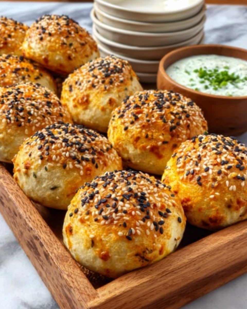 A wooden tray holds a group of round, golden-brown baked buns topped with black and white sesame seeds. Each bun has a slightly rough texture with small visible grains and bits of herbs or vegetables inside the dough. The buns are arranged closely together in two uneven rows. In the background, there is a stack of white bowls and a wooden bowl filled with a creamy white dip garnished with chopped green herbs. The scene is set on a white marbled surface. Photo taken with an iphone --ar 4:5 --v 7