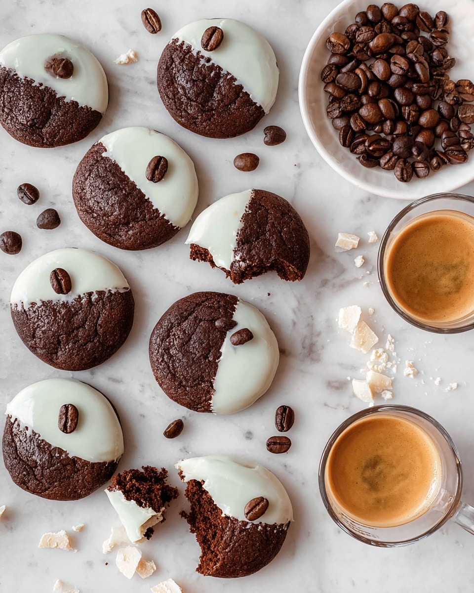The image shows several round chocolate cookies that are half dipped in white icing, arranged on a white marbled surface. Each cookie is topped with three coffee beans on the white icing side, and one cookie is broken open to reveal a soft, crumbly chocolate inside. Scattered around the cookies are whole coffee beans and white chocolate shavings. A white plate holds a small glass cup filled with espresso surrounded by coffee beans, and next to it is a white cup filled with a light brown coffee, also topped with three coffee beans. The scene is bright with a clean, minimal style. photo taken with an iphone --ar 4:5 --v 7