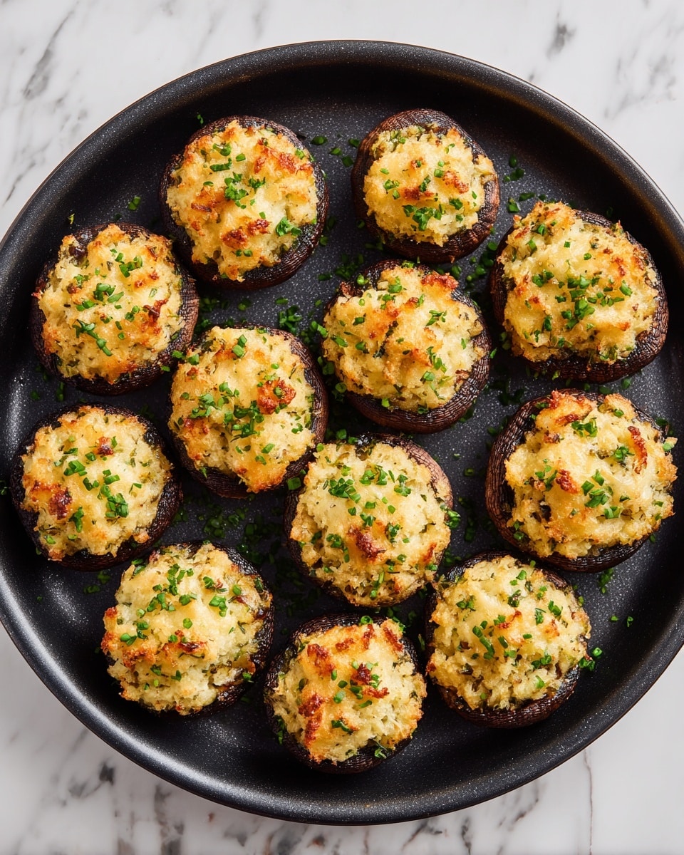 The image shows a black round baking pan filled with eleven stuffed mushrooms arranged in rows. Each mushroom has a dark brown cap base with a generous mound of creamy, golden-browned stuffing on top. The stuffing texture looks crumbly with bits of green herbs and small pieces of other ingredients mixed in, giving a slightly crispy and melted cheese appearance on the surface. The baking pan sits on a white marbled surface, adding a clean, elegant contrast to the warm tones of the mushrooms and stuffing. Photo taken with an iphone --ar 4:5 --v 7