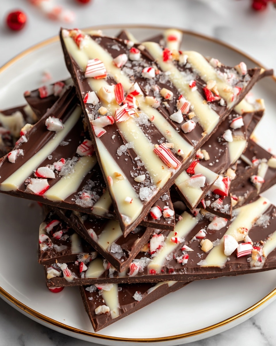 The image shows a stack of triangular chocolate bark pieces on a white plate with a thin golden rim, placed on a white marbled surface. Each piece has a dark brown chocolate base with thick diagonal white chocolate stripes on top. Small chunks of crushed red and white peppermint candies as well as tiny white crumbs are unevenly scattered across the top, adding texture and color contrast. The bark pieces are layered unevenly, with some edges resting on others, creating depth and highlighting the different glossy textures of the chocolates and the rough peppermint bits. Photo taken with an iphone --ar 4:5 --v 7