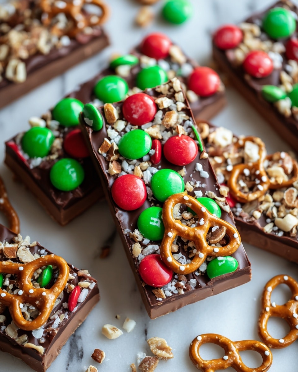 Several rectangular chocolate bars are stacked and spread out on a white marbled surface. Each bar has three visible layers: a bottom base that is not clearly visible, a thick smooth milk chocolate middle layer with a glossy finish, and a top layer decorated with colorful red and green candy-coated chocolates arranged in two rows, sprinkled with small crushed nuts, and topped with a single golden-brown pretzel adorned with white salt dots at the side or center. More crushed nuts are scattered over the bars and the surface, along with a few loose pretzels around them. The overall scene is bright and festive, marked by the colorful candies and textures. photo taken with an iphone --ar 4:5 --v 7