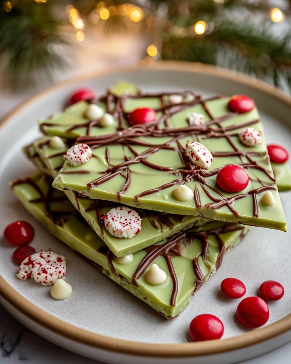 The image shows three irregular-shaped pieces of green chocolate bark stacked slightly on a white plate with a beige rim. The green top layer is smooth and decorated with thin, dark brown chocolate drizzle lines crisscrossing over the surface. Red round candies and small round white and red speckled bits are scattered on top. There are also a few white chocolate drops and small chunks of milk chocolate scattered on the bark. Some red candies are also placed on the white marbled surface around the plate, with soft warm lights and some green pine branches in the blurred background. Photo taken with an iphone --ar 4:5 --v 7