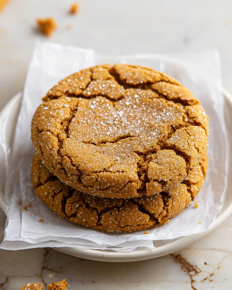 Two round, cracked ginger cookies with a golden brown color are stacked on top of each other, placed on a piece of white parchment paper. The top cookie has a slight sparkle from white sugar crystals sprinkled over it. They rest on a white plate with a subtle shadow, all set on a white marbled surface. Some small cookie crumbs are scattered around near the plate. Photo taken with an iphone --ar 4:5 --v 7