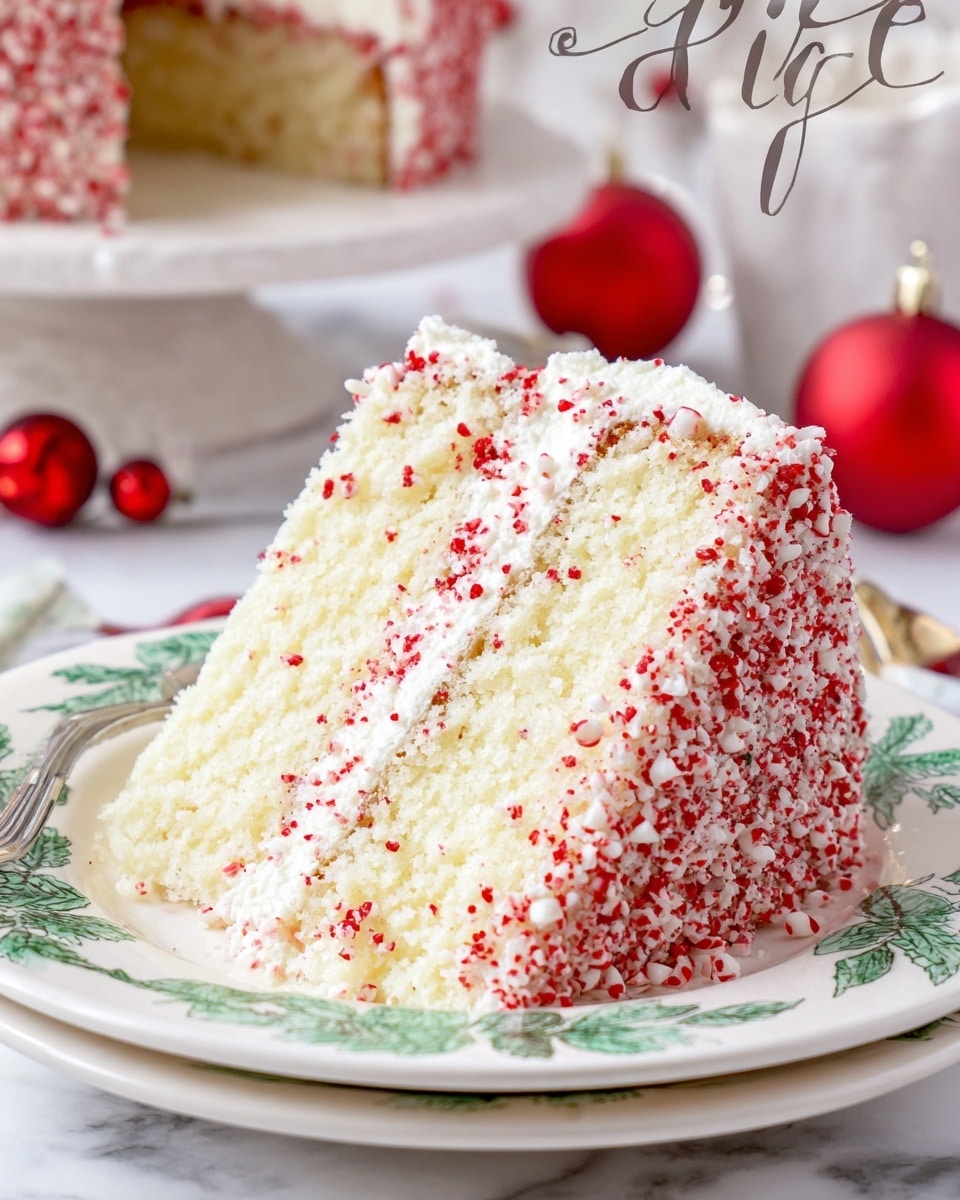 A slice of white cake with two thick layers of light, fluffy white sponge separated by a thin layer of smooth white cream sits on a white plate with green leaf patterns around the edge. The outside of the cake is covered in white frosting and sprinkled heavily with small red candy pieces, giving it a textured look. The plate rests on a white marbled surface with festive red ornaments blurred softly in the background. Photo taken with an iphone --ar 4:5 --v 7