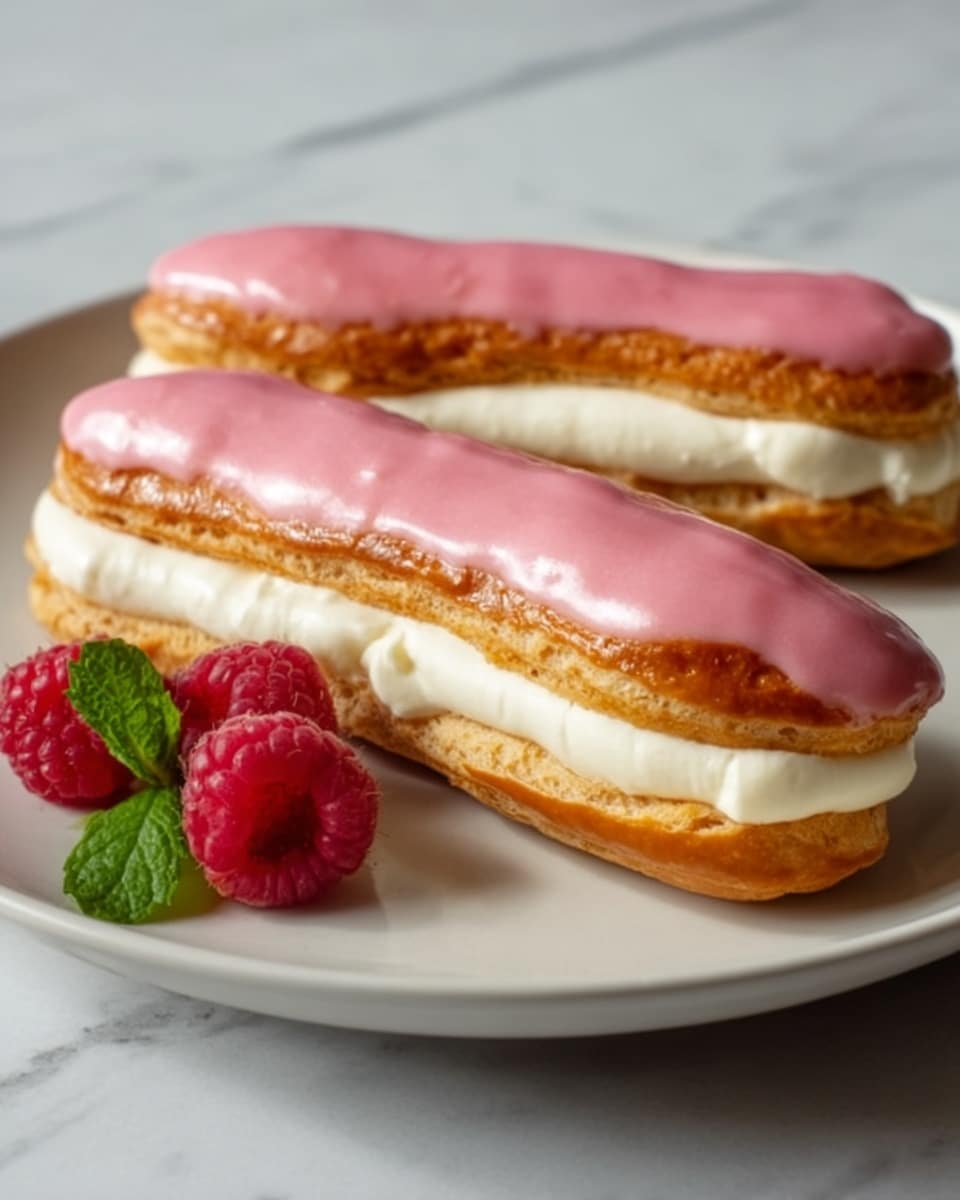 A white plate on a white marbled surface holds two éclairs. Each éclair has three layers: the bottom layer is golden brown and crispy pastry, the middle layer is thick white cream with a smooth texture, and the top layer is a shiny pink icing that covers the entire length of the pastry. Beside the éclairs, two bright red raspberries and a small green mint leaf add color to the arrangement. photo taken with an iphone --ar 4:5 --v 7