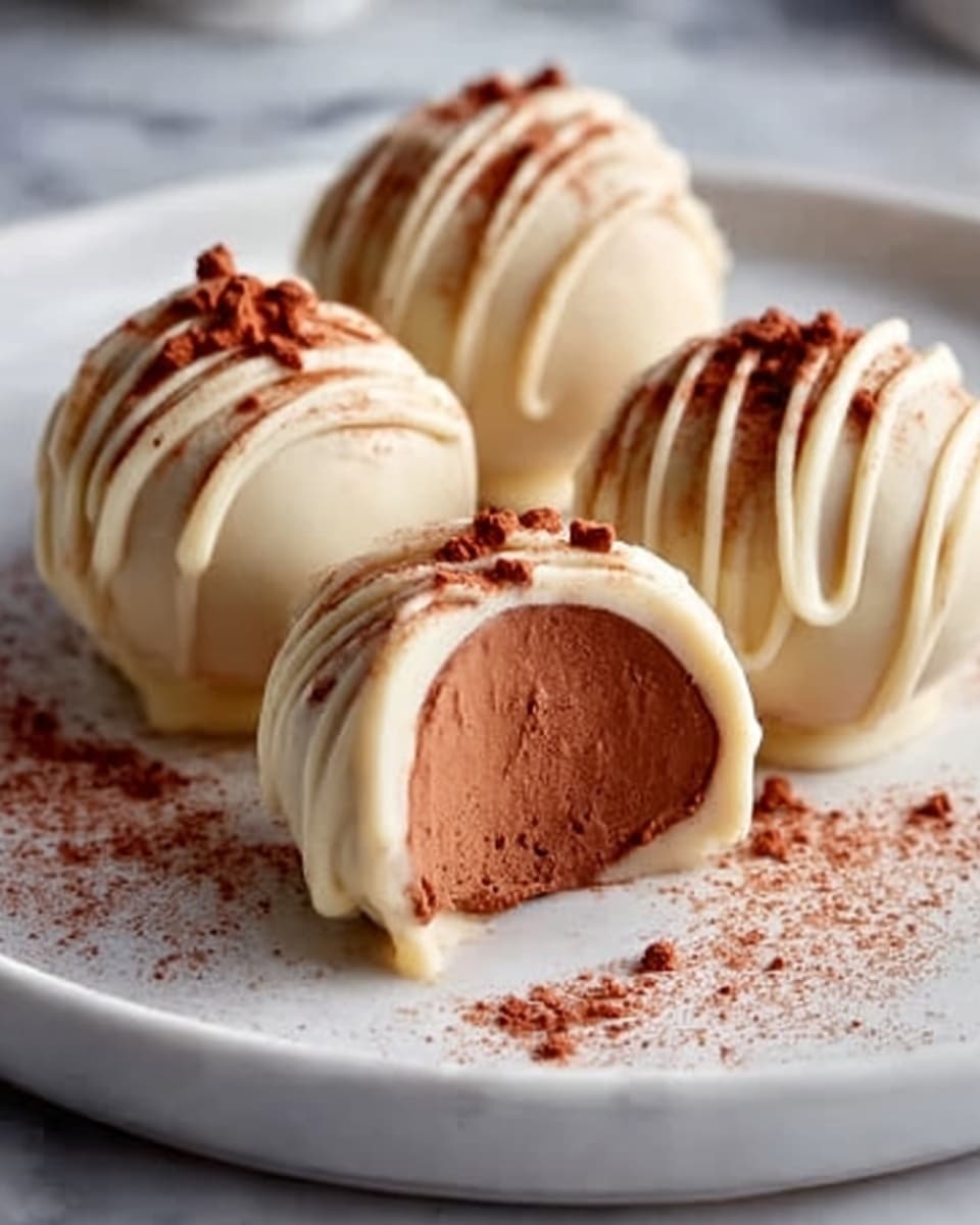 The image shows four round chocolate truffles covered in white chocolate, placed on a plain white round plate on a white marbled surface. Each truffle has thick white chocolate drizzled in lines across the top, creating a textured pattern. One truffle in the front is cut open, revealing a smooth, rich, brown chocolate inside. The outside white chocolate coating contrasts with the soft chocolate center. Light dusting of cocoa powder is sprinkled on the plate around the truffles, adding a slight reddish-brown color detail. Photo taken with an iphone --ar 4:5 --v 7