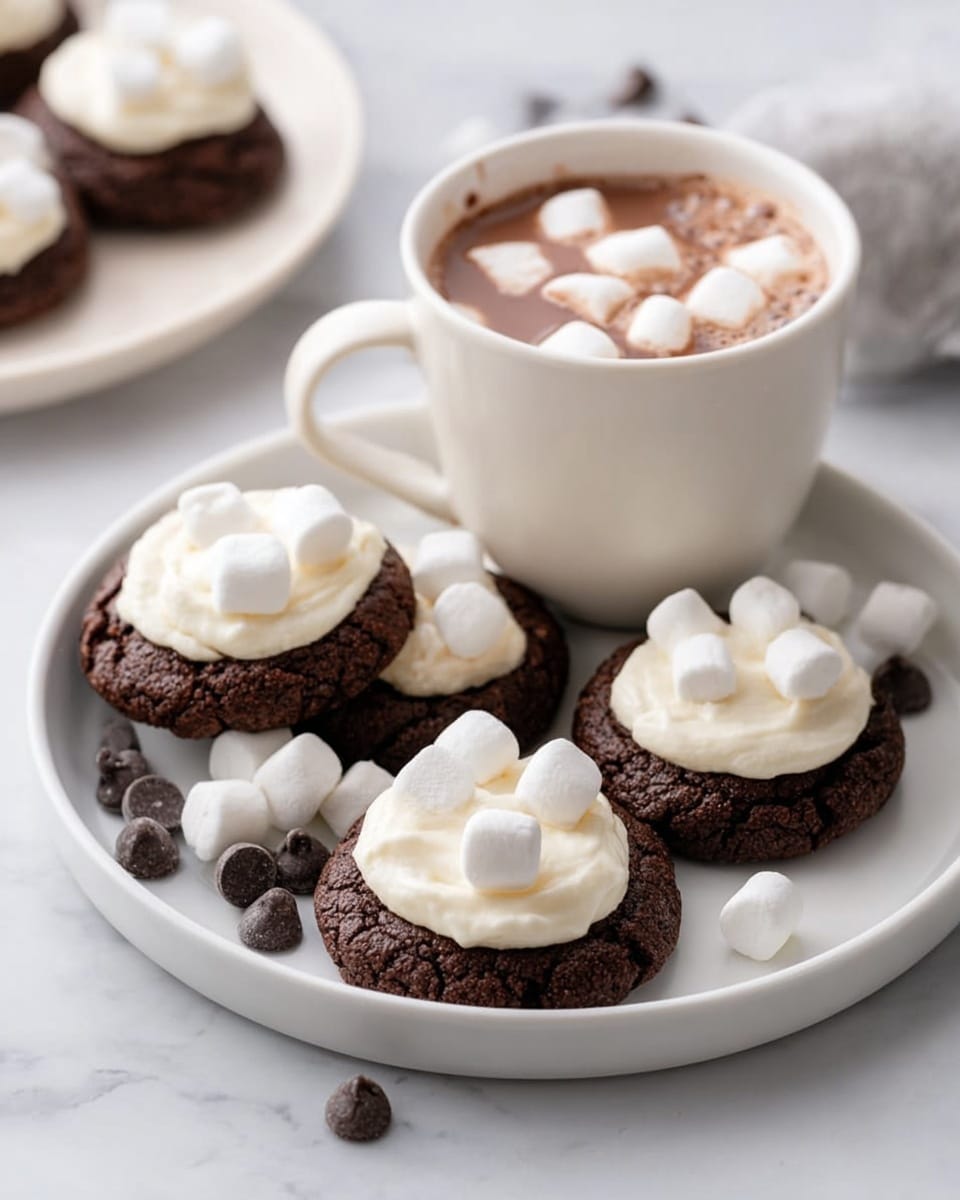 The image shows a white plate on a white marbled surface holding five chocolate cookies, each topped with a smooth, creamy white frosting layer and three small white marshmallows. The cookies are dark brown and slightly cracked. On the plate with the cookies is a white cup filled with hot chocolate, topped with small marshmallows floating on the drink. A few dark chocolate chips are scattered around the plate. photo taken with an iphone --ar 4:5 --v 7