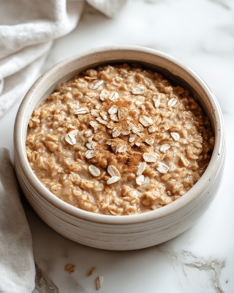 A beige bowl filled with cooked oatmeal with visible oat flakes mixed in a thick, creamy texture. The oatmeal has a light brown color and is topped with a sprinkle of cinnamon powder and a few raw oat flakes scattered on top. The bowl is set on a white marbled surface with a soft white cloth partially visible in the background. photo taken with an iphone --ar 4:5 --v 7