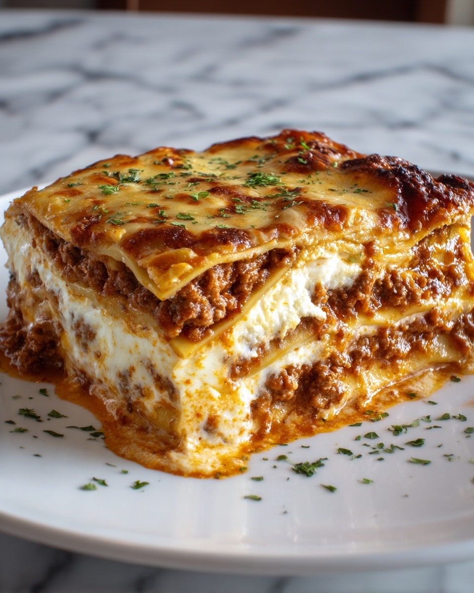 A thick, square slice of lasagna with five visible layers is placed on a white plate. The bottom layer is pasta sheets with melted cheese and sauce seeping out, followed by a thick layer of rich meat sauce. Above that is a creamy white cheese layer, then another meat sauce layer mixed with cheese, and finally a top layer covered in golden-brown melted cheese with small green herb garnish sprinkled on the surface and plate. The lasagna looks cheesy, moist, and hearty, with a slightly browned crust on top. The background is a white marbled texture. photo taken with an iphone --ar 4:5 --v 7