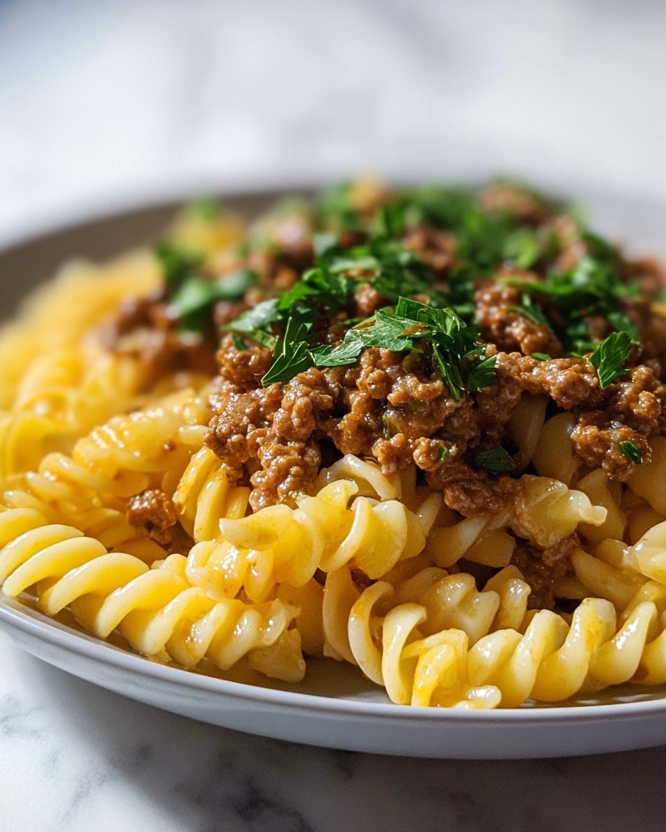 The image shows a close-up of a white plate filled with three layers of food. The base layer is made up of yellow spiral pasta with a smooth, slightly glossy texture. On top of that, there is a layer of browned minced meat sauce, appearing moist and seasoned, with small bits scattered unevenly. The top layer consists of scattered green parsley leaves, fresh and vibrant, adding a pop of color. The plate sits on a white marbled surface with soft lighting that highlights the textures and colors of the dish. Photo taken with an iphone --ar 4:5 --v 7