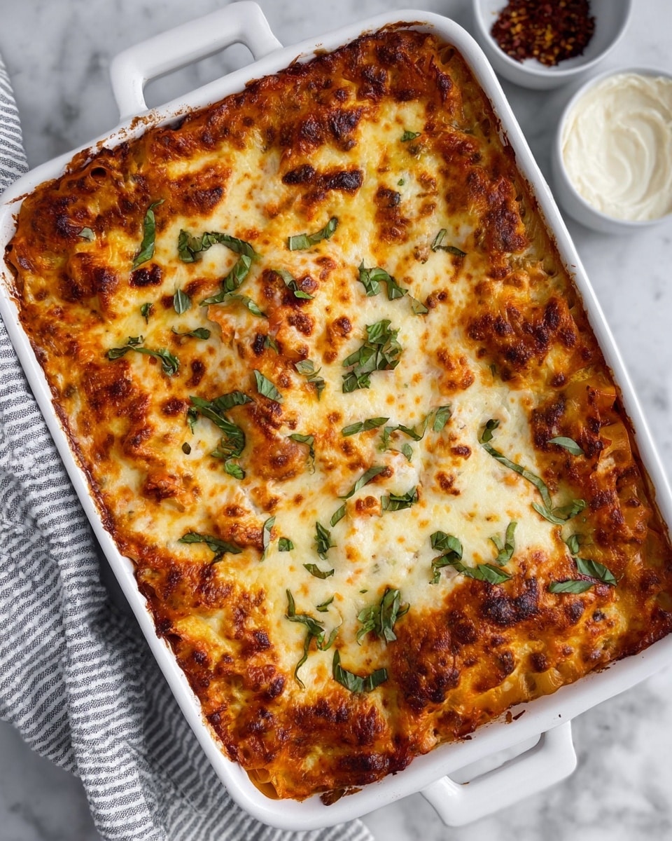 A rectangular white ceramic baking dish filled with baked pasta, showing a golden-brown, bubbly top layer of melted cheese with some melted spots darker than others. Underneath this top layer, slightly visible edges of baked pasta sticks coated with red tomato sauce peek through at the sides. Fresh green basil leaves are scattered lightly over the cheese top as garnish. The dish sits on a white marbled surface with part of a striped cloth to the left and two small white containers, one with dark red flakes and the other with a creamy white sauce, positioned nearby. photo taken with an iphone --ar 4:5 --v 7