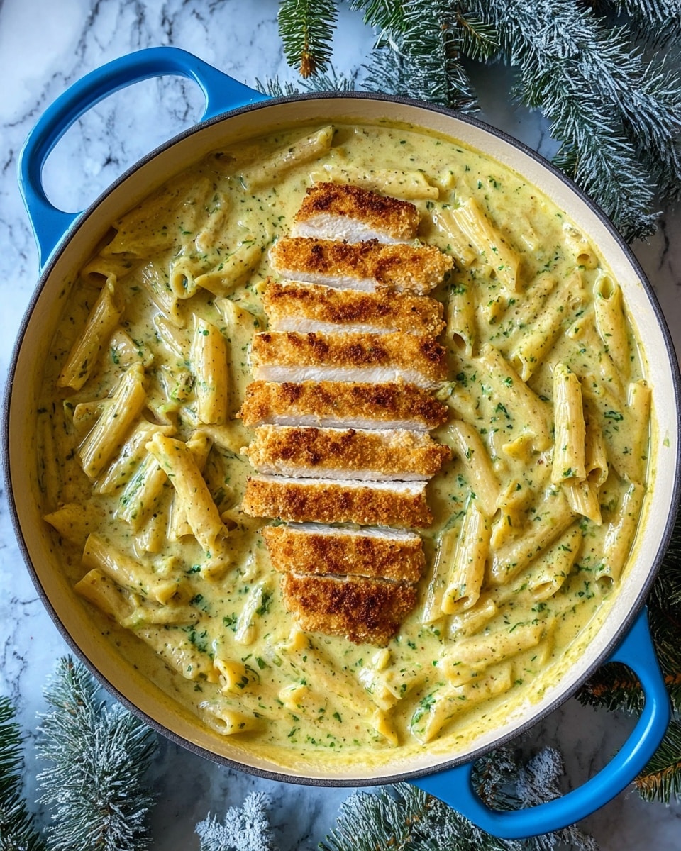 A large blue pot filled with creamy yellow-green herb pasta sauce with penne pasta mixed in, the sauce has a smooth and slightly chunky texture with visible green herb bits. On top in the center lies a sliced, golden-brown breaded chicken breast cut into about eight pieces arranged neatly on the sauce. The pot sits on a white marbled surface with some frosted pine branches around. Photo taken with an iphone --ar 4:5 --v 7