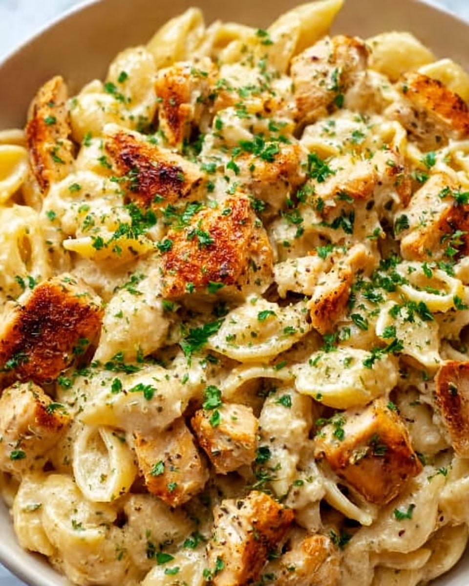 The image shows creamy chicken pasta with three layers: a bottom layer of creamy pasta shells in light yellow, filled and soft; a middle layer of chicken pieces that are golden brown with some crispy edges; and a top layer sprinkled with fresh green herbs, probably parsley, finely chopped and scattered evenly. The background is a white marbled texture, creating a clean look. The overall texture of the dish looks rich and smooth with a mix of soft pasta and slightly crispy chicken. Photo taken with an iphone --ar 4:5 --v 7
