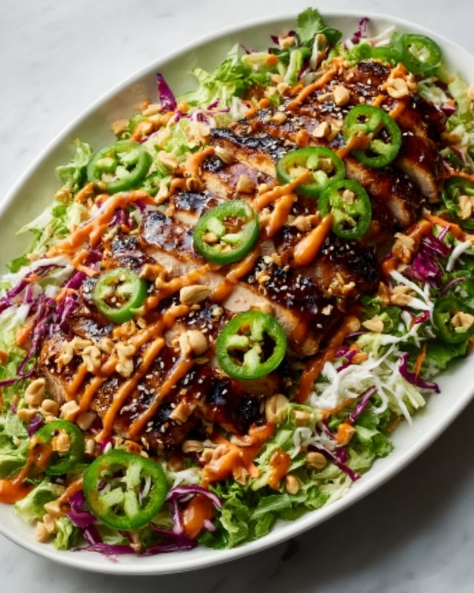 A white oval plate sitting on a white marbled surface holds a colorful layered dish. At the bottom is a bed of green lettuce leaves mixed with shredded purple cabbage and white shredded carrots. On top of the salad base, there are several pieces of glazed grilled chicken arranged in a row, showing a shiny dark brown surface with sesame seeds. The chicken is drizzled with a thick orange sauce and sprinkled with chopped peanuts. Thin slices of fresh green jalapeños are placed on top of the chicken. The dish looks fresh and vibrant. Photo taken with an iphone --ar 4:5 --v 7