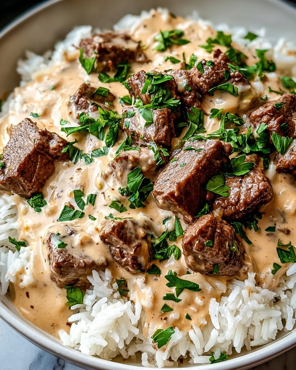 A white bowl filled with a base layer of white rice, fluffy and slightly separated. On top of the rice, there is a creamy light brown sauce with visible small pieces of meat mixed in. Larger chunks of browned beef are scattered on top of the sauce, showing a rich brown color and a textured, seared surface. The dish is garnished with fresh green parsley leaves spread evenly across the top, adding a bright contrast to the creamy sauce and brown beef. The photo is close-up, showing the details of the sauce and meat clearly, with a sharp focus on the textures. The background is a white marbled texture. photo taken with an iphone --ar 4:5 --v 7