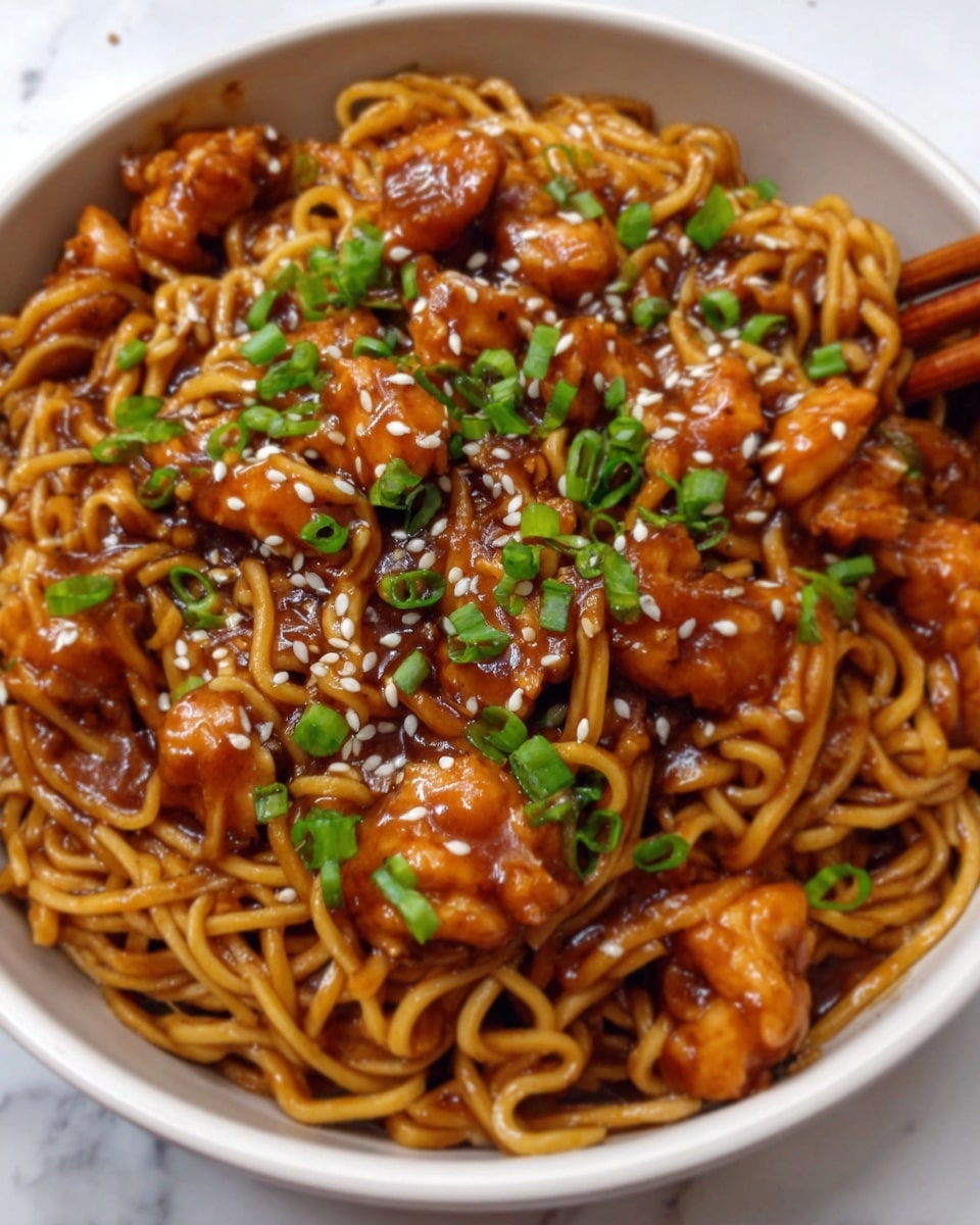 A bowl filled with cooked noodles coated in a glossy brown sauce, topped with small pieces of chicken that are coated in the same sauce, sprinkled with white sesame seeds and chopped green onions. The noodles look soft and slightly twisted, with a few bits of sauce pooling around. The bowl is white and placed on a white marbled surface. photo taken with an iphone --ar 4:5 --v 7