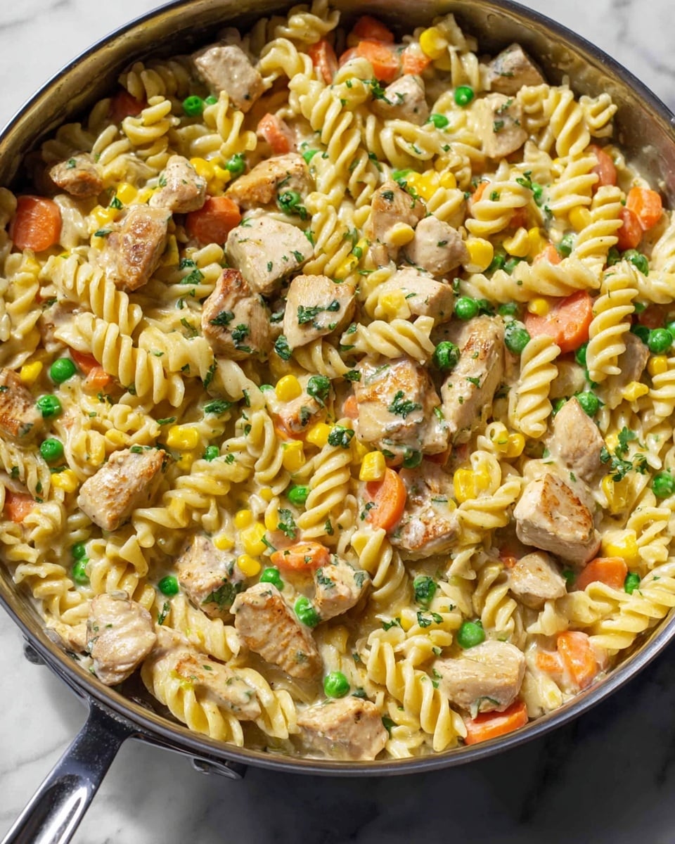 A close-up view of a pan filled with a creamy pasta dish made of three visible layers: creamy light yellow pasta spirals mixed evenly with bright orange carrot slices, yellow corn kernels, and green peas, and large chunks of lightly browned chicken pieces scattered throughout, all coated in a thick, glossy creamy sauce with small bits of green herbs. The pan is on a white marbled surface, showing the shiny metal handle and edge. photo taken with an iphone --ar 4:5 --v 7