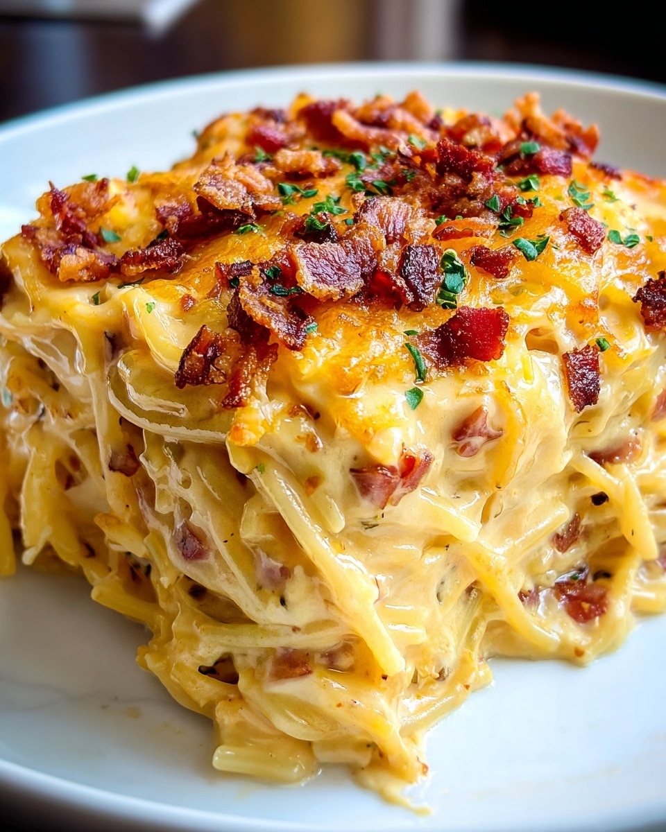 A close-up of a thick slice of baked spaghetti casserole on a white plate, showing multiple layers of spaghetti noodles coated heavily in creamy, golden-yellow cheese sauce mixed with small bits of red and browned crispy bacon. The top layer is covered with melted cheese that has turned slightly golden brown with crispy bits of bacon scattered on top, and small green herb pieces adding a touch of color. The texture looks rich and gooey with some browned crust on the edges, all placed on a white marbled surface. photo taken with an iphone --ar 4:5 --v 7