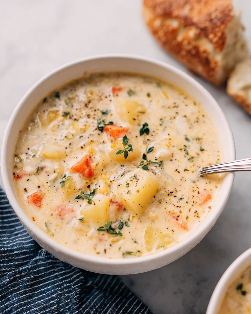 A white bowl filled with thick creamy chowder soup showing soft chunks of golden potatoes, bright orange carrot pieces, and small green herb leaves scattered on top. The soup’s light beige color is speckled with black pepper and tiny herbs, giving it a textured look, with a metal spoon dipping into the bowl on the right side. The bowl sits on a white marbled surface, accompanied by a piece of crusty brown bread and a dark blue striped cloth in the bottom corners. Photo taken with an iphone --ar 4:5 --v 7
