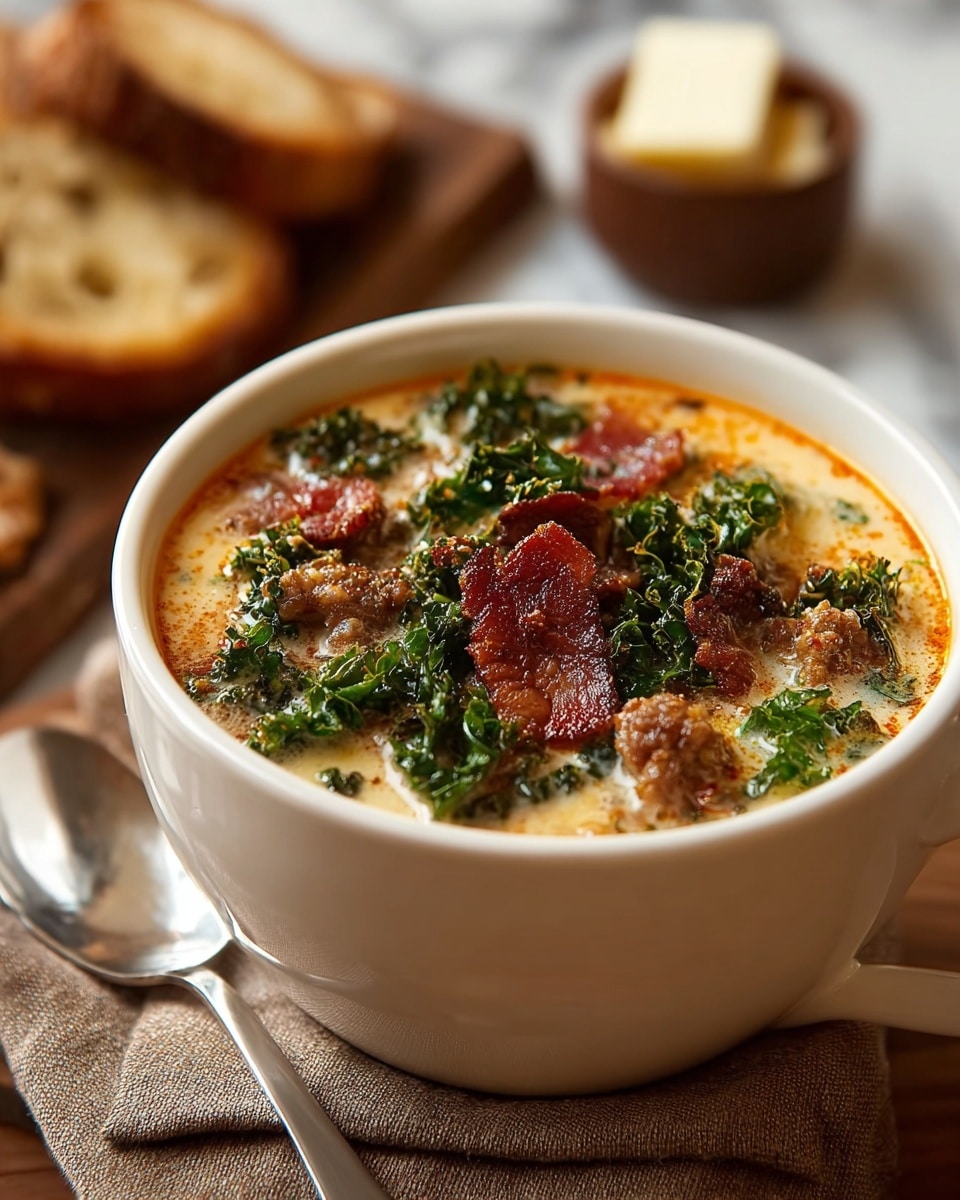 A close-up of a large white cup filled with creamy soup topped with crispy brown bacon pieces and dark green kale leaves, with some bits of browned sausage mixed in. The soup has a light orange oily layer around the edges. The cup sits on a folded brown cloth on a wooden surface, with a silver spoon placed next to it. In the background, blurred slices of toasted bread and a small brown container holding butter are visible, all set against a white marbled texture. Photo taken with an iphone --ar 4:5 --v 7