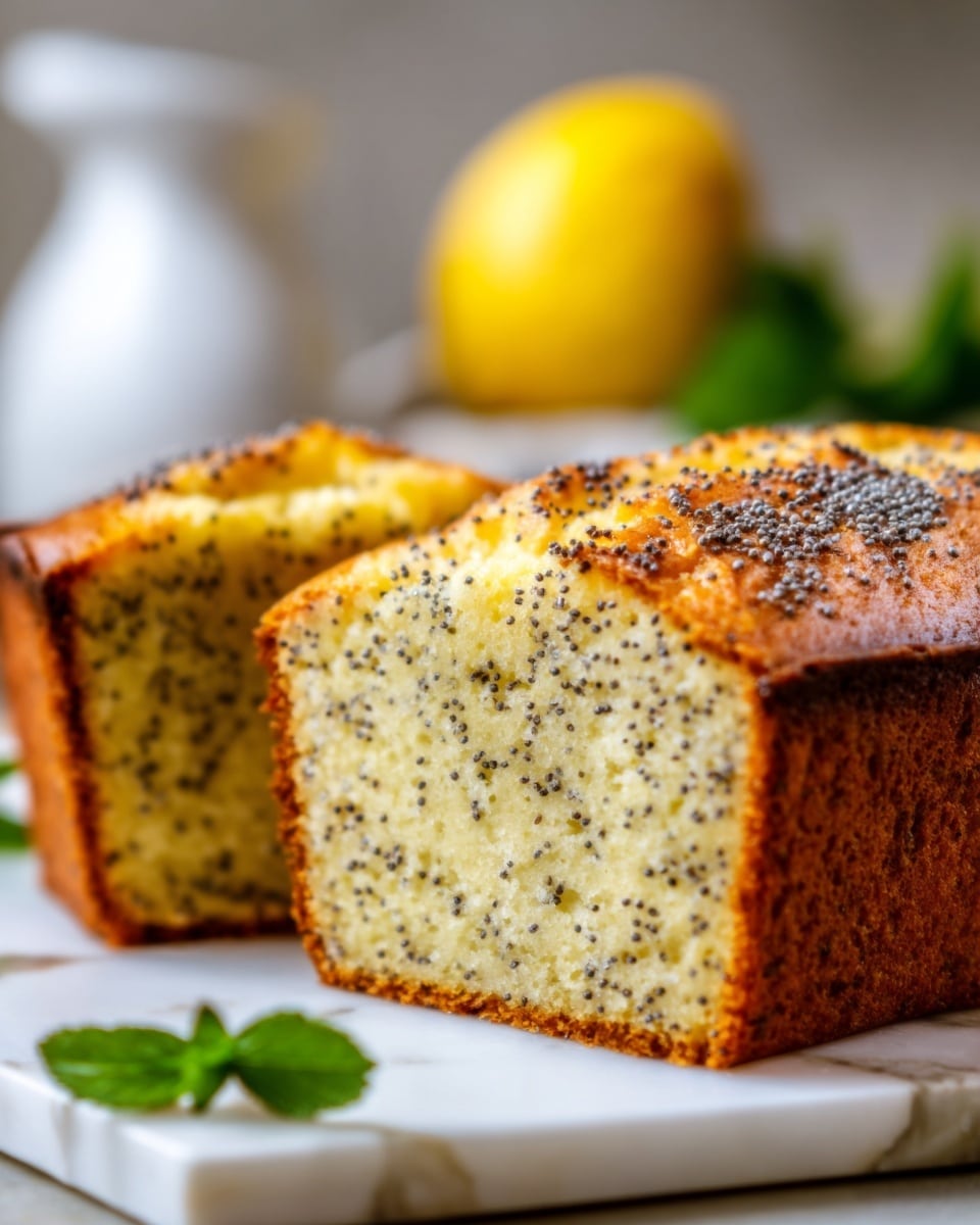 A close-up image of a loaf of bread sliced to show its inside texture, which is light yellow with many small black poppy seeds spread throughout. The loaf's crust is golden brown with a shiny glaze and sprinkled with poppy seeds on top. The bread is placed on a white marbled surface with blurred yellow lemons in the background and some green leaves near the loaf. photo taken with an iphone --ar 4:5 --v 7