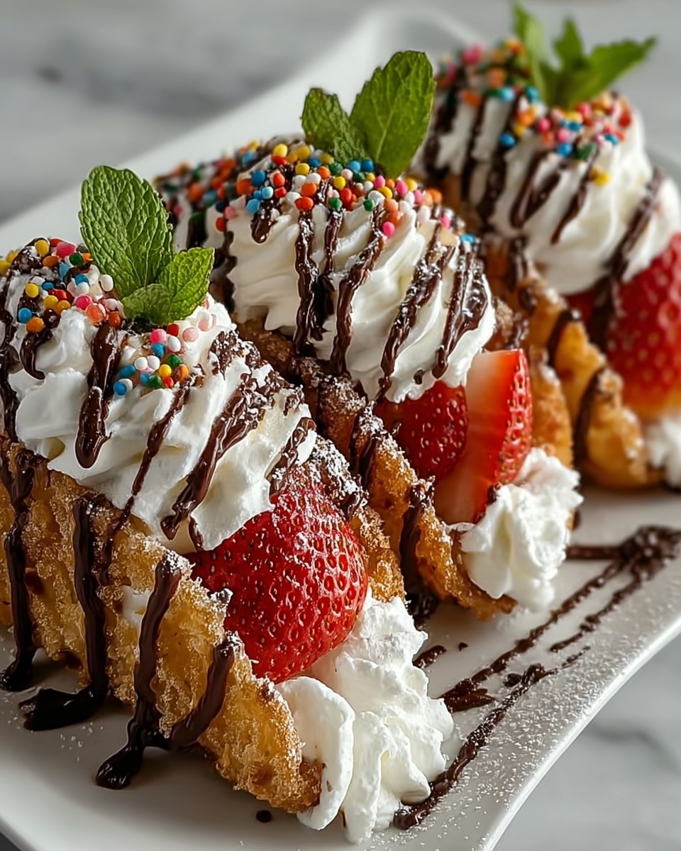 Three fried taco shells are placed side by side on a white plate. Each shell is filled with a thick layer of white whipped cream at the bottom, topped with a bright red slice of fresh strawberry. More whipped cream is added on top of the strawberry, and the shells are drizzled generously with dark chocolate sauce. Each taco shell is finished with a swirl of whipped cream, colorful round sprinkles on top, and a small green mint leaf sticking out. The plate sits on a white marbled surface. photo taken with an iphone --ar 4:5 --v 7
