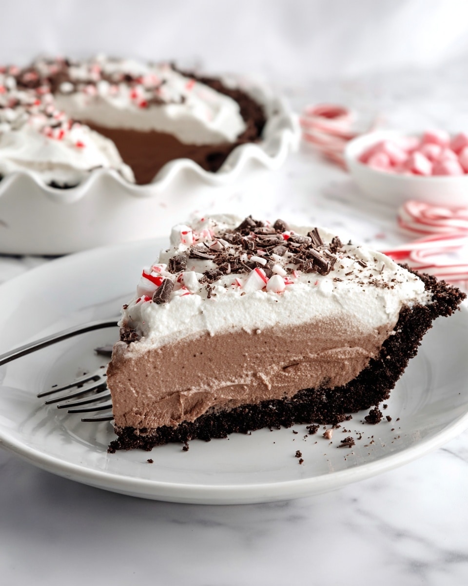 A slice of chocolate mousse pie with three layers sits on a white plate. The bottom layer is a dark, crunchy crust, the middle is a thick, smooth, dark chocolate mousse, and the top layer is a light, fluffy cream with tiny red specks and sprinkled chocolate shavings. The pie is cut from a larger pie in a white dish with a red outside. In the background, there is a white bowl with pink bits and two candy canes on a white marbled surface. A metal fork lies on the plate next to the pie slice. Photo taken with an iphone --ar 4:5 --v 7