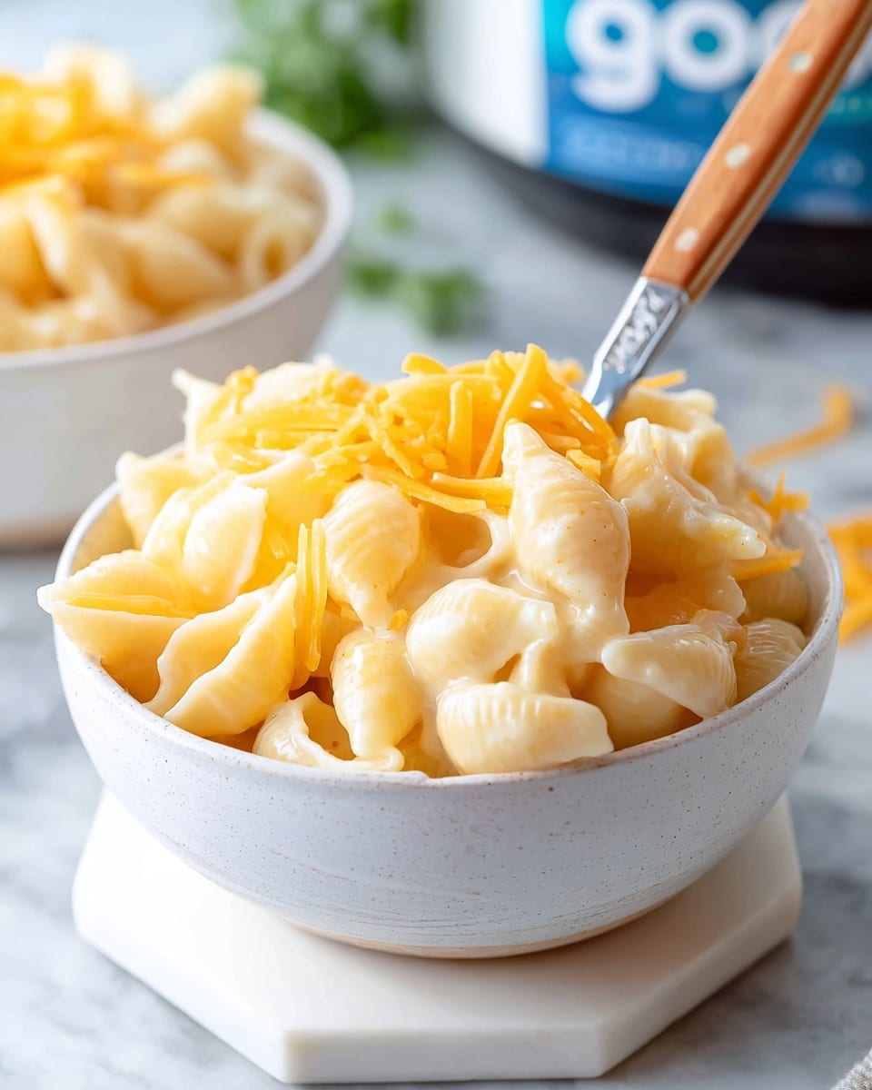 A close-up of a bowl filled with creamy macaroni and cheese made from shell pasta, each shell smooth and coated in a shiny light yellow cheese sauce, with thin strands of shredded cheddar cheese mixed throughout. The bowl is white and placed on a white marbled hexagonal coaster, sitting on a white marbled surface. A silver spoon with a wooden handle is sticking out from the bowl on the right side, and in the softly blurred background, there is another white bowl with the same macaroni and a blue container, along with a small green leafy garnish. photo taken with an iphone --ar 4:5 --v 7