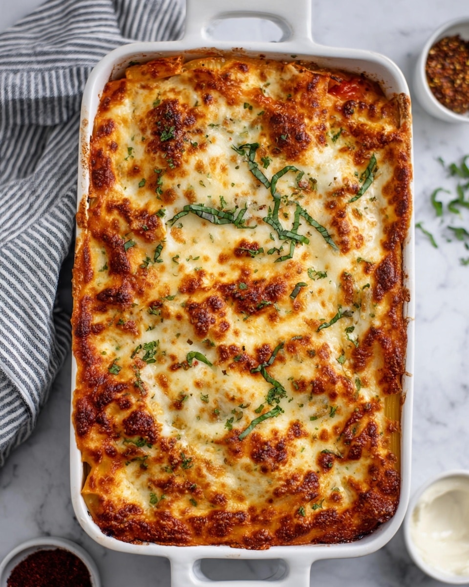 A white rectangular baking dish filled with baked pasta covered by a thick, golden-brown layer of melted cheese that is slightly bubbly and browned in spots; underneath the cheese, some red pasta sauce peeks out along with rigatoni pasta tubes at the edges; thin strips of fresh green basil leaves are scattered on top, adding contrast; the dish sits on a white marbled surface with a blue and white striped cloth partially visible on the side, and two small white bowls with spices out of focus in the background. photo taken with an iphone --ar 4:5 --v 7