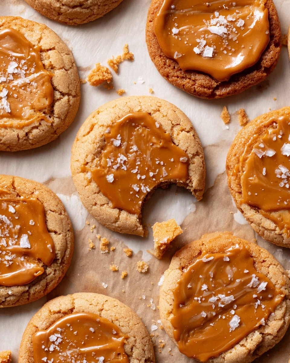 The image shows a batch of soft, round cookies on a white marbled surface covered with parchment paper. Each cookie has a light golden-brown base layer with a slightly cracked texture. On top, there is a glossy caramel-colored layer that appears to be thick and slightly cracked as well, scattered unevenly over the cookie surface. Some cookies are whole, while one in the center has a bite taken out of it, revealing the soft inside and crumbs scattered around. The caramel layer is sprinkled lightly with coarse white sea salt flakes, adding texture and contrast to the smooth and crackled top layer. Photo taken with an iphone --ar 4:5 --v 7