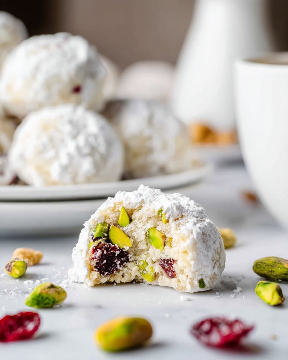 The image shows a bite-sized round dessert resting on a white marbled surface, with its soft inner crumb dotted with bright green pistachio pieces and deep red dried cranberries. The outer layer is coated in a thin white powdery sugar that adds a rough texture. In the background, there is a white plate piled with more of these white powdered treats, slightly out of focus. Scattered around the main dessert are whole green pistachios and red dried cranberries, adding color contrast. To the right, a white cup with subtle patterns is visible, all set against a clean, white marbled background. photo taken with an iphone --ar 4:5 --v 7