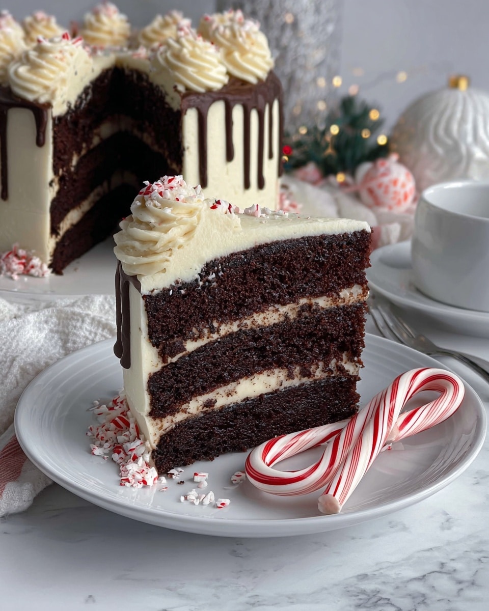 A slice of dark chocolate cake with three thick, moist layers separated by rich, dark chocolate filling sits on a white plate. The slice is topped with a smooth off-white frosting that covers the top and edges, with a thin drizzle of dark chocolate running down the sides. Around the slice on the plate are small round red and white peppermint candies and a small peppermint candy cane. In the background, the remaining cake is visible, showing the same three layers and frosting with extra peppermint candies on top. The setting includes holiday decorations on a white marbled surface. photo taken with an iphone --ar 4:5 --v 7
