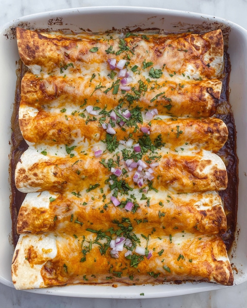 A white rectangular baking dish holds six rolled tortillas lined side by side, each covered with a melted layer of orange cheese that is bubbly and slightly browned in spots. Scattered on top are small pieces of purple onion and finely chopped fresh green cilantro. The edges of the tortillas are browned from baking and the surface beneath the dish is a white marbled texture. photo taken with an iphone --ar 4:5 --v 7