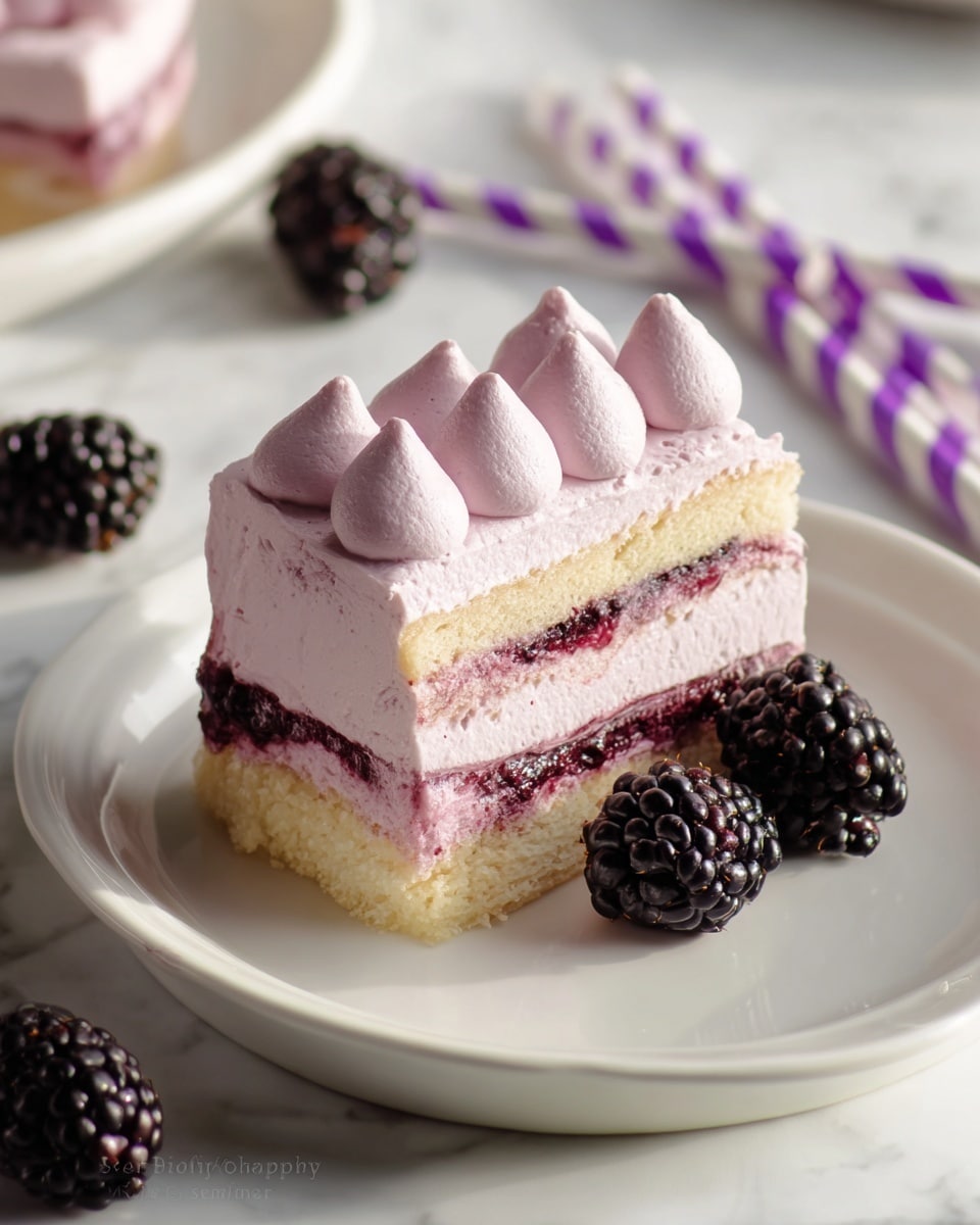 A square slice of layered dessert sits on a white plate with a fresh blackberry at its base, placed on a white marbled surface scattered with additional blackberries and purple-white striped straws. The dessert has three main layers: the bottom and middle layers consist of light yellow sponge soaked with a deep purple berry sauce, while thick layers of light pink creamy mousse with a smooth and fluffy texture fill in between and on top. Five dollops of the same pink mousse are neatly spaced on the top layer, adding height and texture to the piece. Photo taken with an iphone --ar 4:5 --v 7