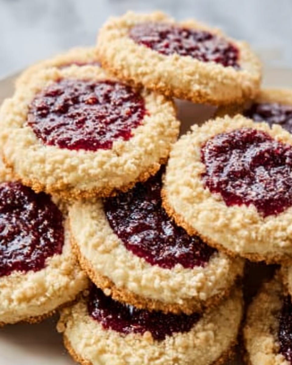 A close-up of round cookies with a layer of bright red jam in the middle, topped with a light golden crumbly texture. The cookies have a slightly thick edge that is pale beige with a soft, slightly crispy look. The jam layer is shiny and smooth, contrasting with the crumbly top. The cookies sit on a white plate on a white marbled surface. Photo taken with an iphone --ar 4:5 --v 7
