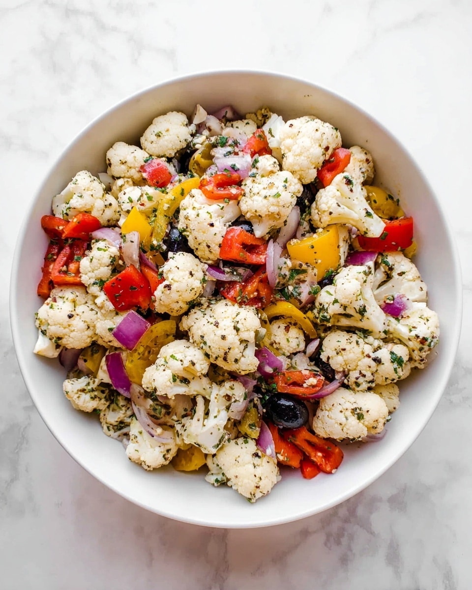 A white bowl filled with a colorful cauliflower salad placed on a white marbled surface, containing multiple layers: large pieces of white cauliflower form the base, mixed with small diced red bell peppers, slices of black olives, thin strips of yellow pepper, and small bits of purple onion, all tossed with green herbs and light seasoning creating a speckled texture over the vegetables, giving a fresh and vibrant look. photo taken with an iphone --ar 4:5 --v 7