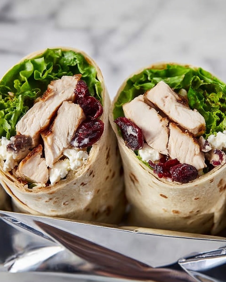 The image shows two halves of a wrap placed side by side on a white tray, each containing several layers. The outer layer is a light beige tortilla wrap, inside which there is a bright green leafy layer, likely lettuce, wrapping the filling. The filling consists of thick white pieces of grilled chicken, bits of crumbly white cheese, and dark red dried cranberries, all mixed together to create a textured and colorful interior. The wrap is positioned on a white marbled surface with some out-of-focus tomatoes visible in the background. Photo taken with an iphone --ar 4:5 --v 7