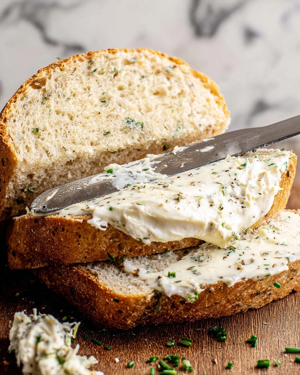 The image shows three slices of soft bread stacked on a wooden board, with the top slice spread with a creamy white layer of herb butter speckled with green herbs. The bread is light beige with small holes and specks of green herbs inside, and the crust is golden brown. A shiny metal knife with some herb butter on its blade lies diagonally across the top slice. Small bits of chopped green herbs are scattered around the bread on the board. The background is a white marbled texture. photo taken with an iphone --ar 4:5 --v 7