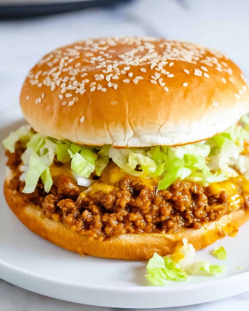 A close-up of a sloppy joe sandwich on a white plate, showing three main layers; the top layer is a shiny golden brown sesame seed bun with many white sesame seeds scattered on top. The middle layer is light green chopped lettuce with a slightly crunchy texture, sitting directly on a thick, chunky layer of saucy ground beef mixed with melted bright yellow cheese and small bits of green pepper. The bottom layer is a soft, smooth golden brown bottom bun. The sandwich is placed on a white marbled surface. Photo taken with an iphone --ar 4:5 --v 7