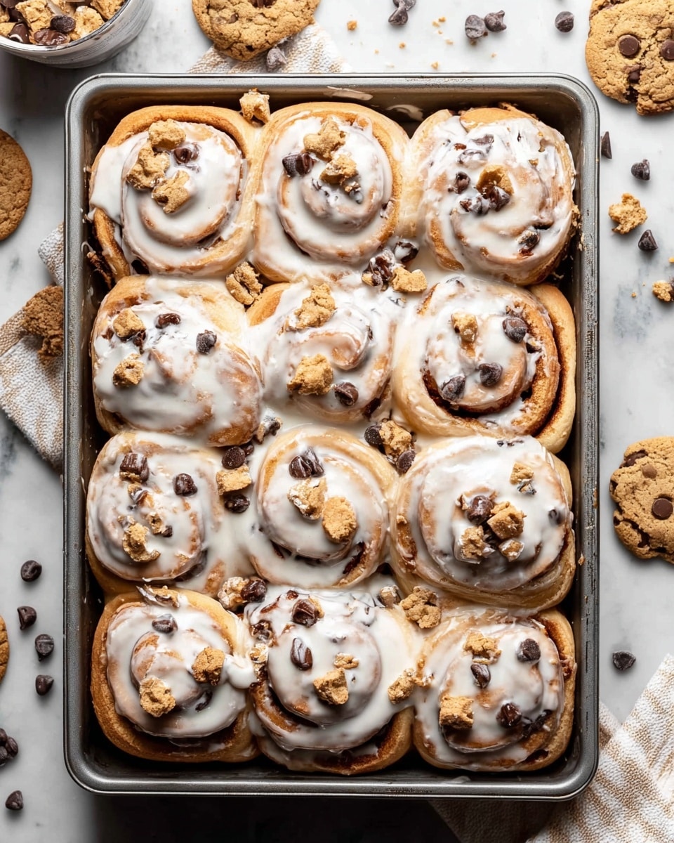 A metal baking tray filled with nine large spiraled cinnamon rolls, each roll covered in a thick, shiny white glaze. The rolls have a light golden-brown color with hints of darker cinnamon swirls inside. Scattered on top and around the rolls are mini chocolate chip cookies, some whole and some broken into pieces, showing their textured, crumbly surface with visible chocolate chips. The tray sits on a white marbled surface with more chocolate chip cookies and chocolate chips placed around it. A light gray cloth napkin is seen on the right side of the tray. photo taken with an iphone --ar 4:5 --v 7