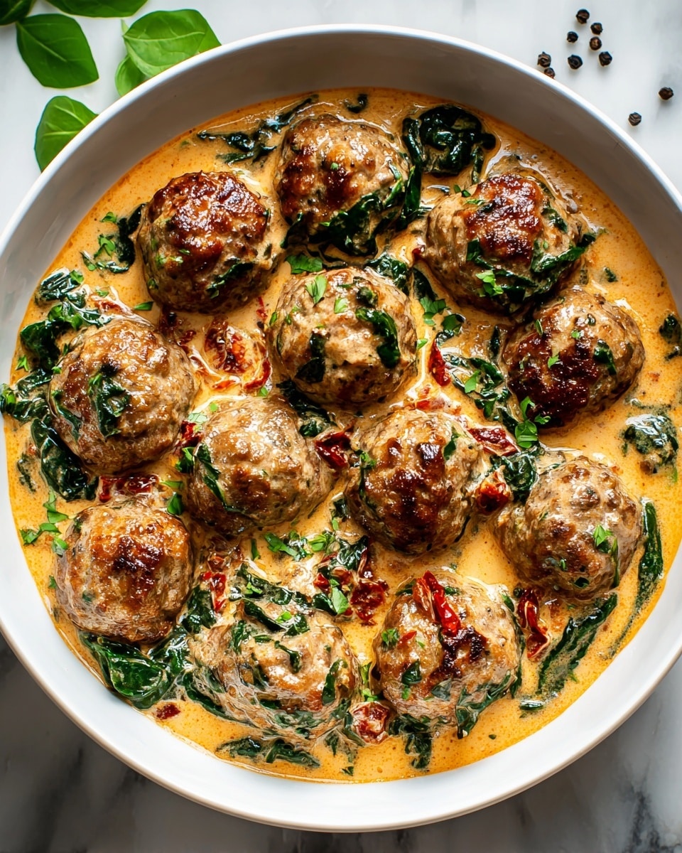 A round white bowl filled with about a dozen meatballs covered in a creamy orange sauce with bits of green spinach leaves evenly mixed throughout. There are several pieces of sun-dried tomatoes scattered on top and among the meatballs, adding a deep red color contrast. The sauce looks thick and smooth, coating each meatball and the spinach. The bowl is placed on a white marbled surface, with some fresh green herbs blurred in the background. photo taken with an iphone --ar 4:5 --v 7