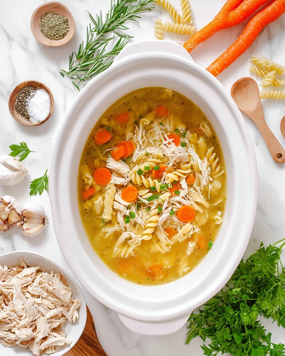 A white bowl holds a clear golden broth of chicken soup, filled with shredded white chicken pieces, spiral-shaped pasta, and round slices of bright orange carrots, all topped with small green herb bits. Around the bowl, on a white marbled surface, are fresh whole carrots with green tops, celery stalks, two small white dishes with salt and pepper, a bunch of green parsley, a white bowl with shredded chicken, raw spiral pasta scattered loosely, garlic cloves, and fresh herbs on a white plate. A wooden spoon and a white and orange checkered cloth sit next to the bowl. The photo taken with an iphone --ar 4:5 --v 7