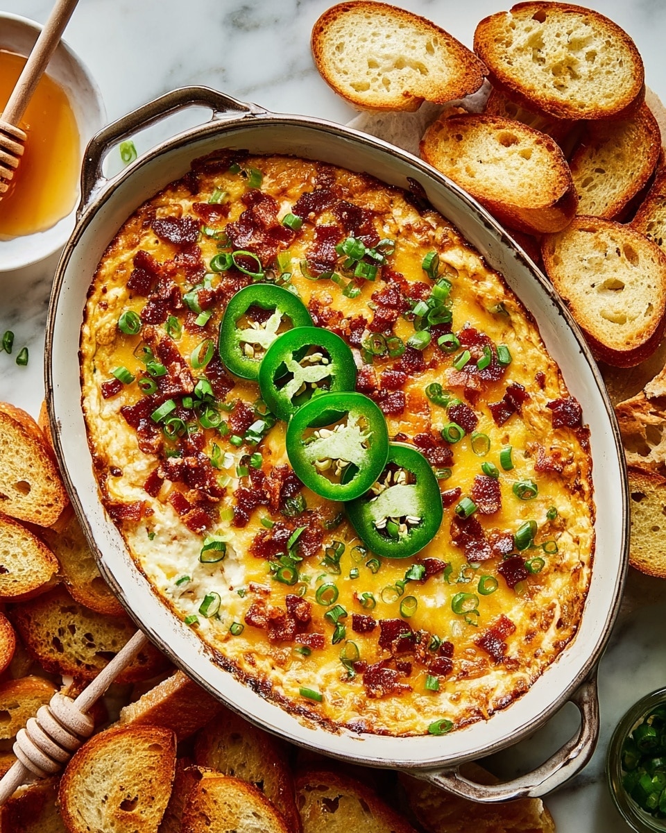An oval baking dish filled with a cheesy dip base that is golden yellow with melted cheese on top. The dip is covered with small crispy bacon bits scattered all over, mixed with finely chopped green onions spread evenly. Fresh slices of bright green jalapeno pepper rings are placed on top of the dip adding layered texture. Surrounding the dish are toasted baguette slices that are light brown with a crunchy texture. In the corner, there is a white dish filled with golden honey with a wooden honey dipper resting inside. The entire scene is set on a white marbled surface. photo taken with an iphone --ar 4:5 --v 7