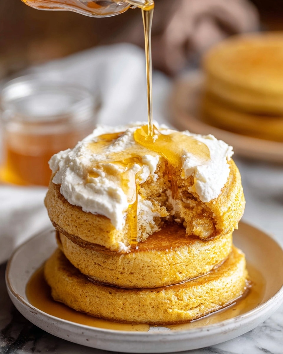 A stack of three golden-brown pancakes sits on a white plate with a white marbled surface in the background, each pancake thick with a slightly rough texture. On top of the stack is a fourth pancake layer, smaller in size, spread with a thick white cream layer that appears soft and smooth. Golden honey is being poured generously over the top layer, dripping down the sides of the stack in glossy streams, with some honey pooling on the plate below. A section of the top pancake is bitten off, showing a soft, moist inside. The scene captures the rich texture and shine of the honey contrasting with the matte pancakes and creamy topping. Photo taken with an iphone --ar 4:5 --v 7